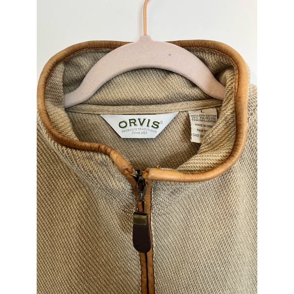 Orvis Sweater Mens Large Oatmeal Tan 1/4 Zip Leather Elbow Patch Pullover - Picture 5 of 6